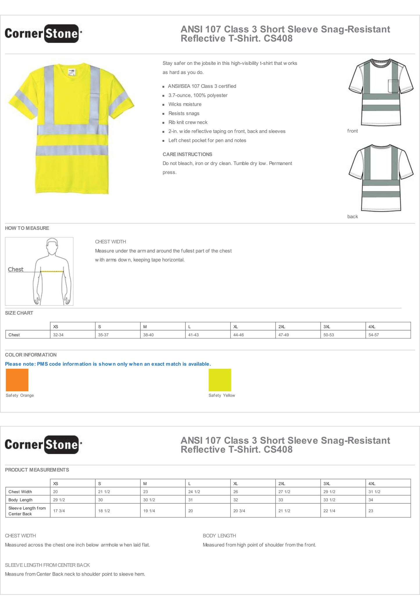CS408 CornerStone® - ANSI 107 Class 3 Short Sleeve Snag-Resistant Reflective T-Shirt Custom w/ Solid or Reflective Print