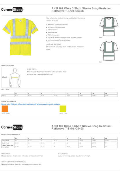 CS408 CornerStone® - ANSI 107 Class 3 Short Sleeve Snag-Resistant Reflective T-Shirt Custom w/ Solid or Reflective Print