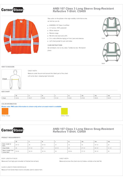 CS409 CornerStone® - ANSI 107 Class 3 Long Sleeve Snag-Resistant Reflective T-Shirt Custom w/ Solid or Reflective Print