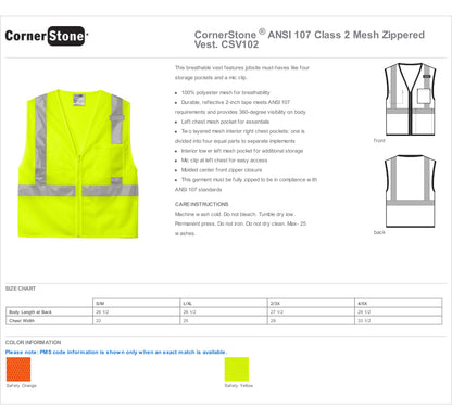 CSV102 CornerStone® ANSI 107 Class 2 Mesh Zippered Vest Custom w/ Solid or Reflective Print