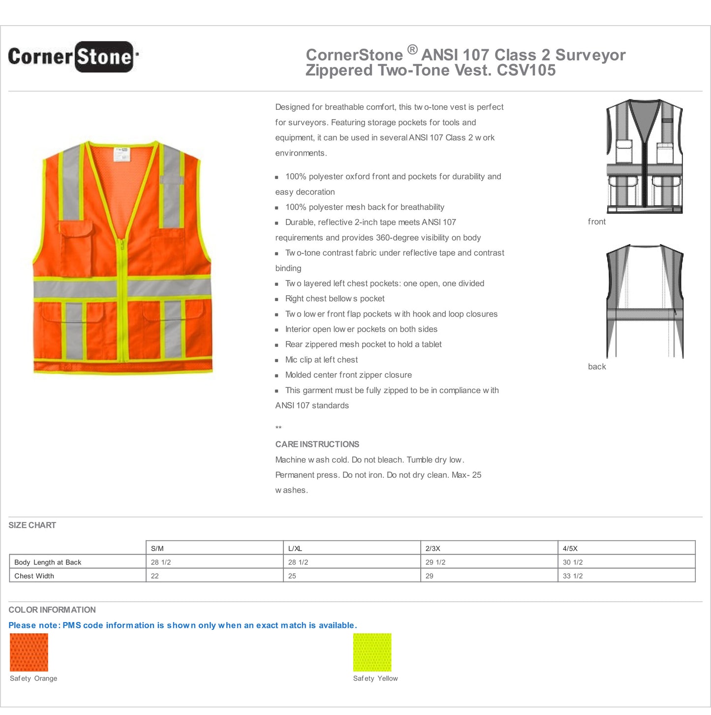 CSV105 CornerStone® ANSI 107 Class 2 Surveyor Zippered Two-Tone Vest Custom w/ Solid or Reflective Print
