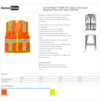 CSV105 CornerStone® ANSI 107 Class 2 Surveyor Zippered Two-Tone Vest Custom w/ Solid or Reflective Print