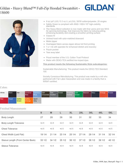 Gildan 18600 Safety Green Full Zip Hooded Sweatshirt Meets ANSI / ISEA 107 Standards