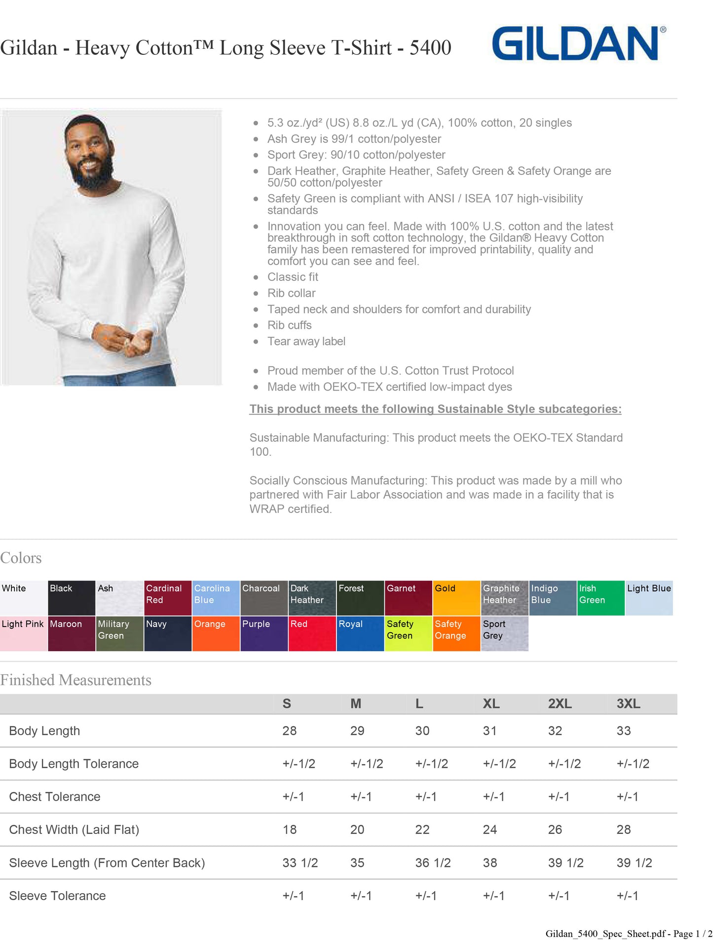 Gildan 5400 Safety Green Heavy Cotton Long Sleeve T-Shirt Meets ANSI / ISEA 107 Standards Tee