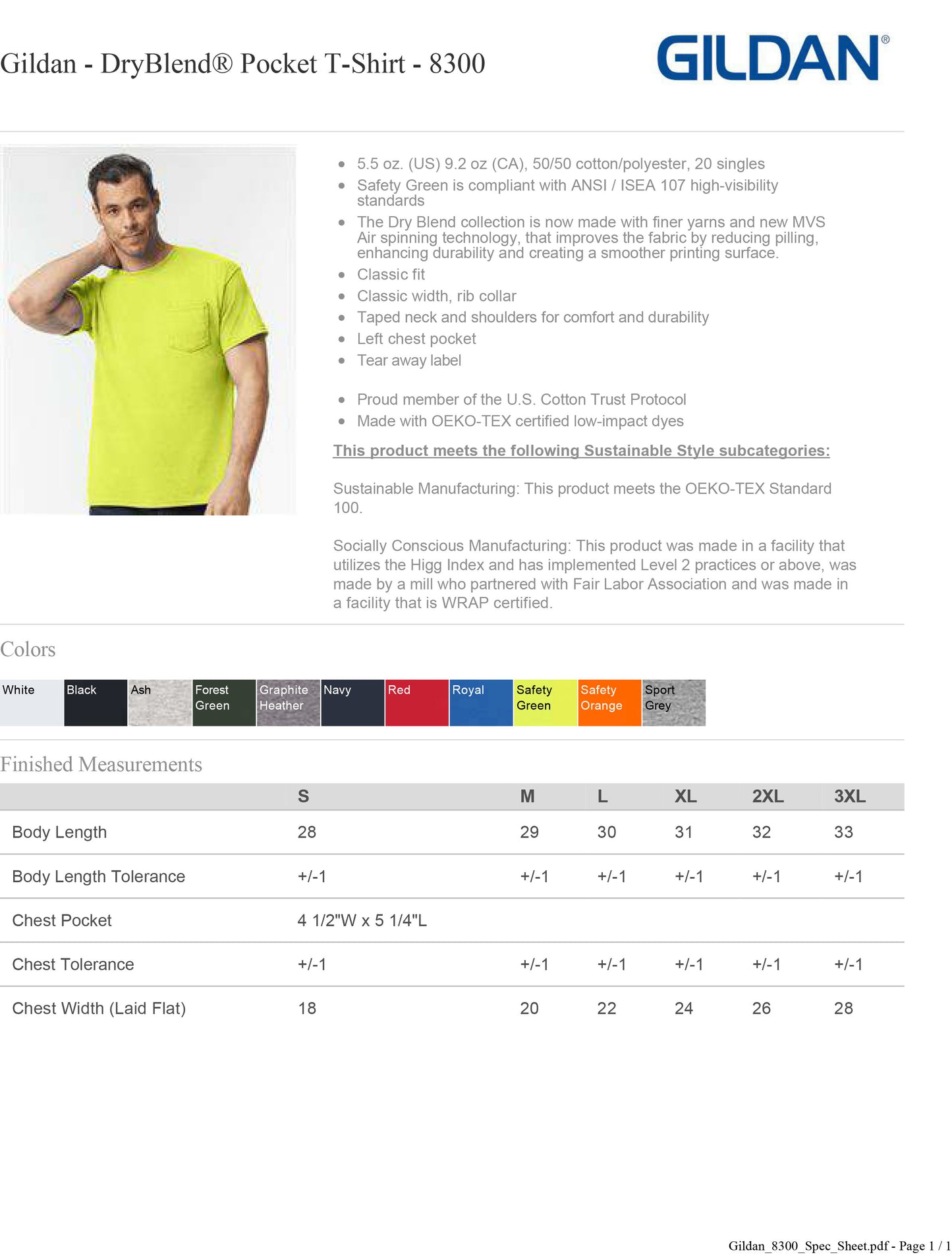 Gildan 8300 Safety Green DryBlend Pocket T-Shirt Meets ANSI / ISEA 107 Standards Tee