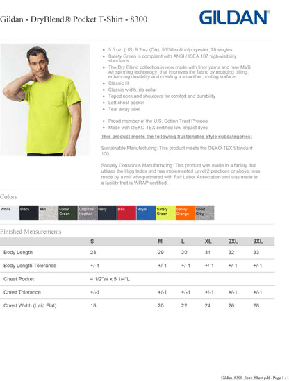 Gildan 8300 Safety Green DryBlend Pocket T-Shirt Meets ANSI / ISEA 107 Standards Tee