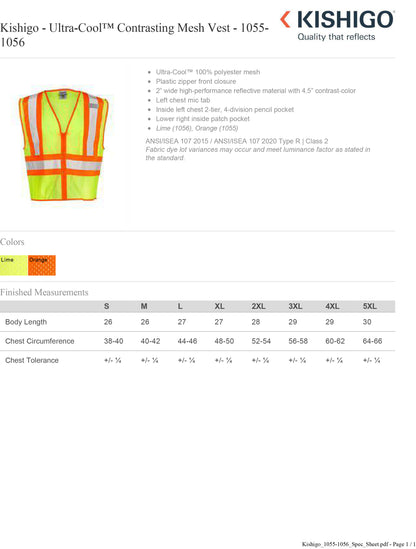 Kishigo - Ultra-Cool™ Contrasting Mesh Vest - 1055-1056 Custom w/ Regular or Reflective Print