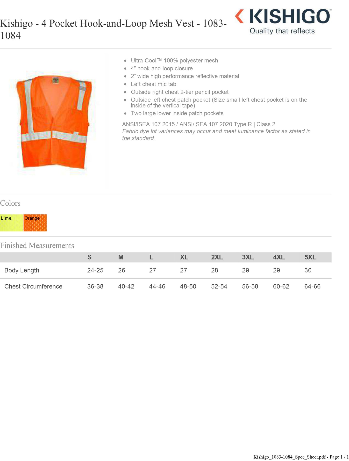Kishigo - 4 Pocket Hook-and-Loop Mesh Vest - 1083-1084 Custom w/ Solid or Reflective Print