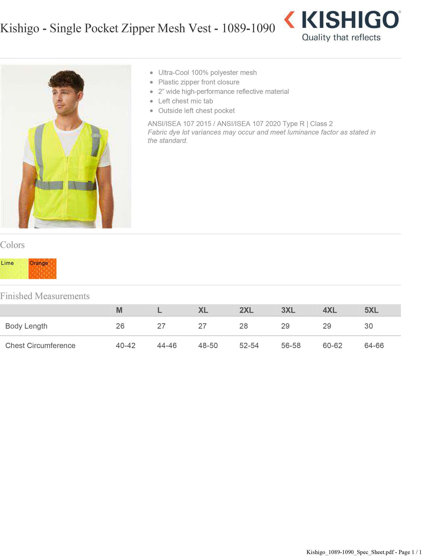 Kishigo - Single Pocket Zipper Mesh Vest - 1089-1090 Custom w/ Solid or Reflective Print