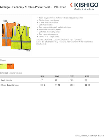 Kishigo - Economy Mesh 6-Pocket Vest - 1191-1192 Custom w/ Solid or Reflective Print