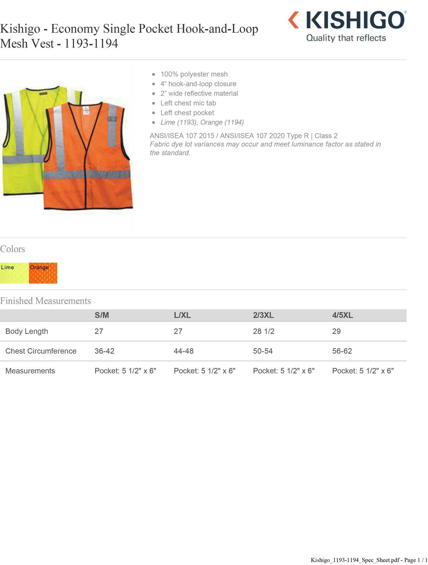 Kishigo - Economy Single Pocket Hook-and-Loop Mesh Vest - 1193-1194 Custom w/ Solid or Reflective Print
