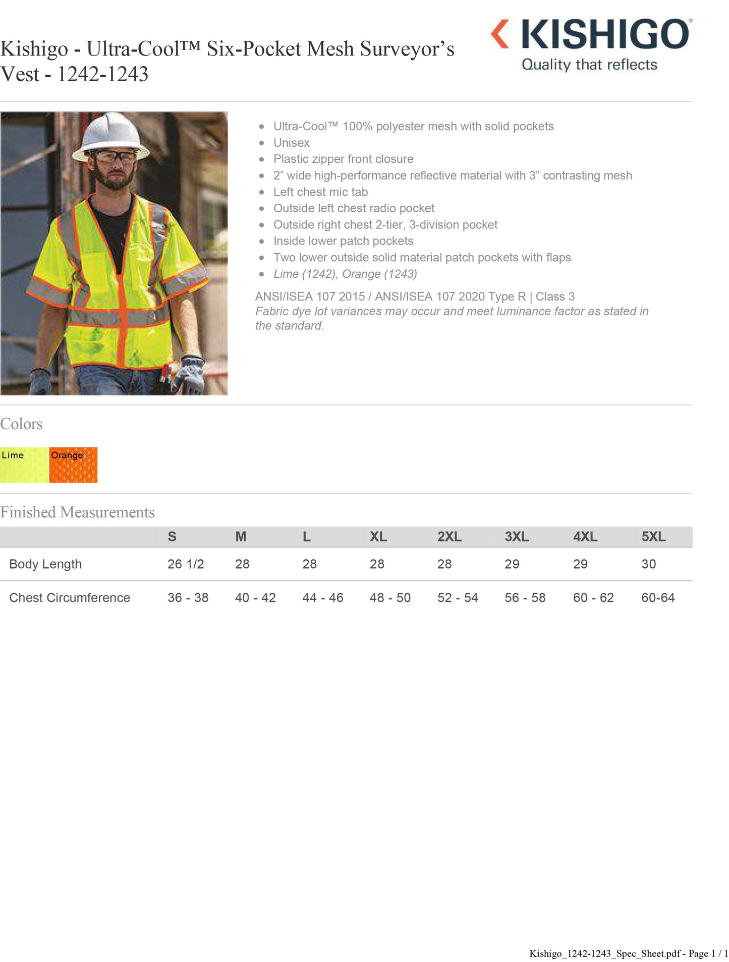 Kishigo - Ultra-Cool™ Six-Pocket Mesh Surveyor’s Vest - 1242-1243 Custom w/ Solid or Reflective Print