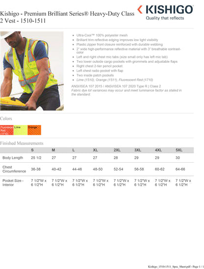 Kishigo - Premium Brilliant Series® Heavy-Duty Class 2 Vest - 1510-1511 Custom w/ Solid or Reflective Print