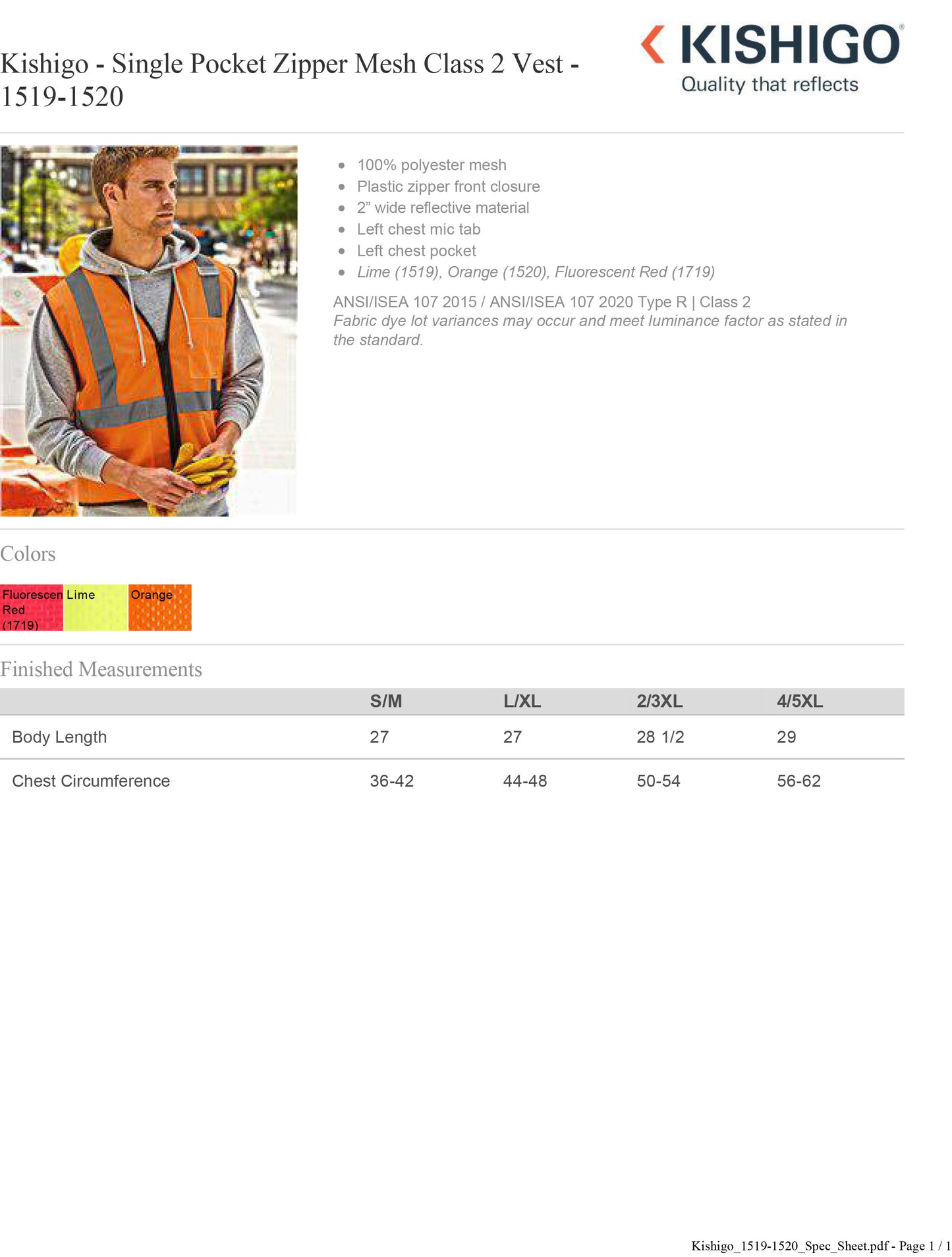 Kishigo - Single Pocket Zipper Mesh Class 2 Vest - 1519-1520 Custom w/ Solid or Reflective Print
