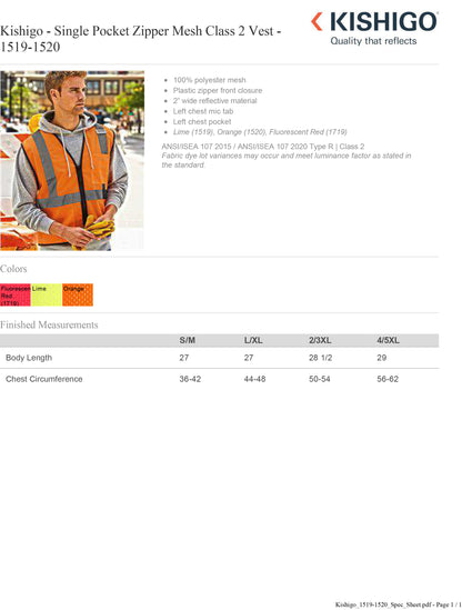 Kishigo - Single Pocket Zipper Mesh Class 2 Vest - 1519-1520 Custom w/ Solid or Reflective Print