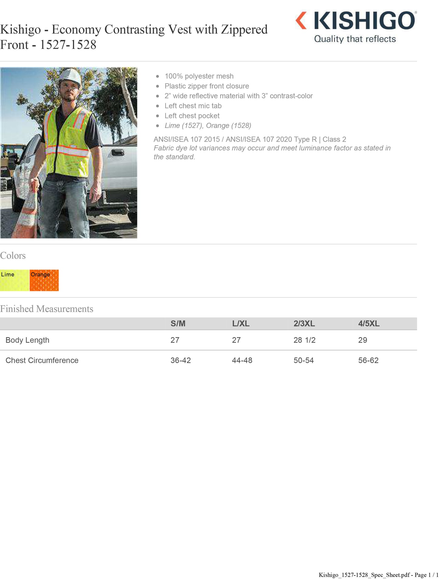 Kishigo - Economy Contrasting Vest with Zippered Front - 1527-1528 Custom w/ Solid or Reflective Print