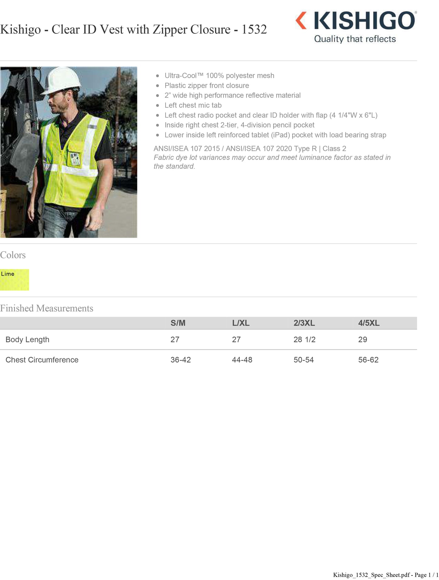 Kishigo - Clear ID Vest with Zipper Closure - 1532 Custom w/ Solid or Reflective Print