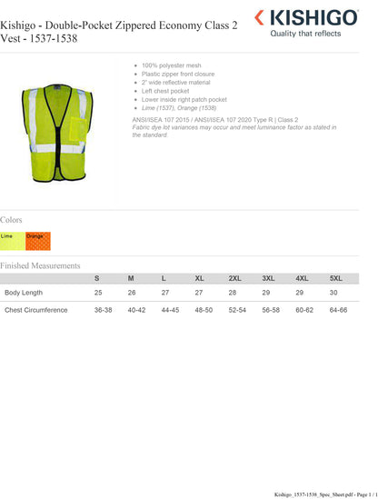 Kishigo - Double-Pocket Zippered Economy Class 2 Vest - 1537-1538 Custom w/ Solid or Reflective Print