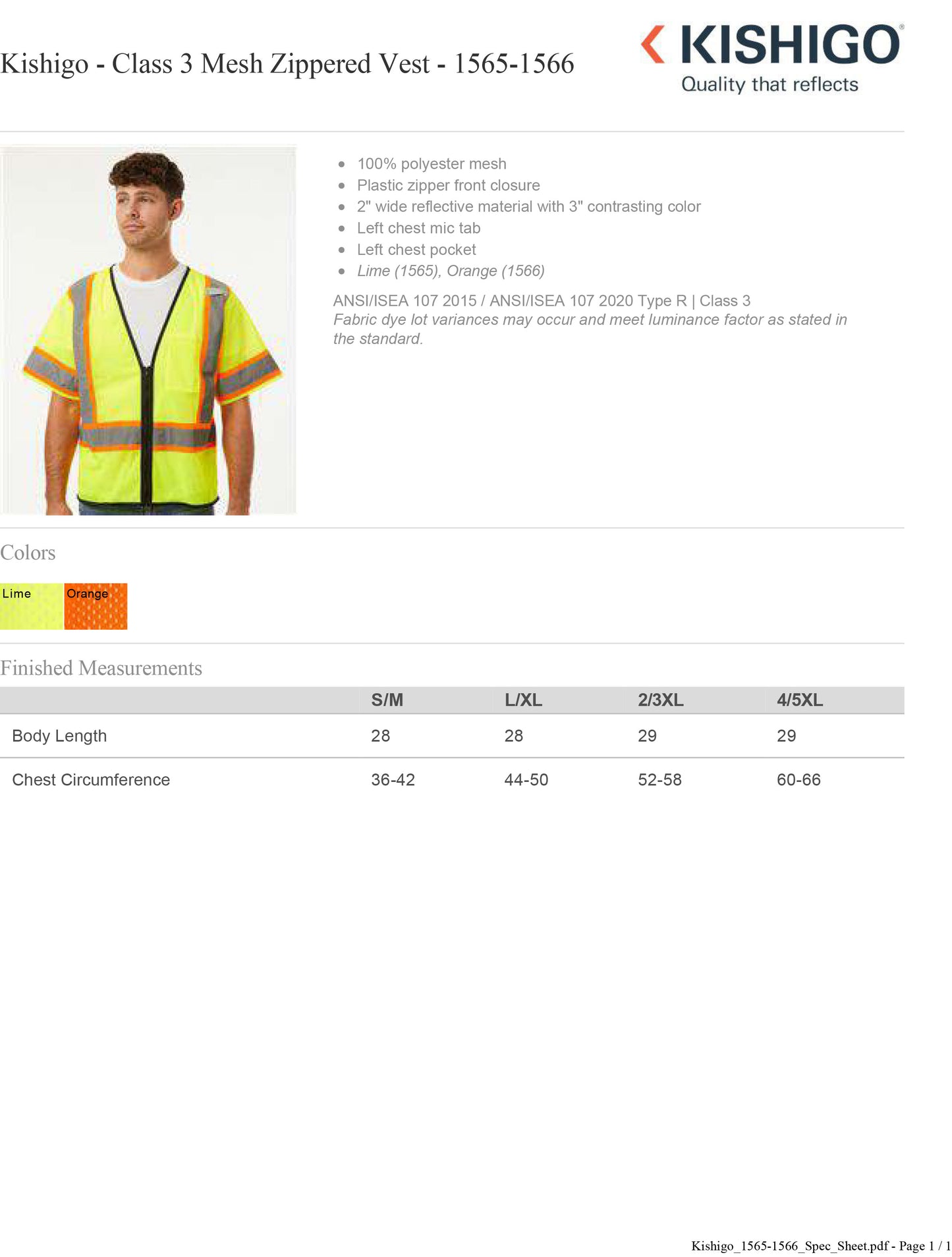 Kishigo - Class 3 Mesh Zippered Vest - 1565-1566 Custom w/ Solid or Reflective Print