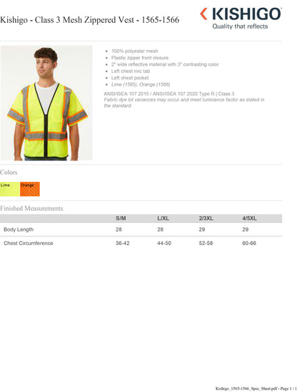 Kishigo - Class 3 Mesh Zippered Vest - 1565-1566 Custom w/ Solid or Reflective Print