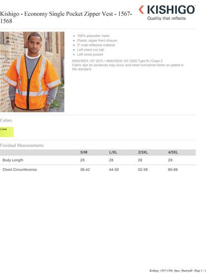 Kishigo - Economy Single Pocket Zipper Vest - 1567-1568 Custom w/ Solid or Reflective Print