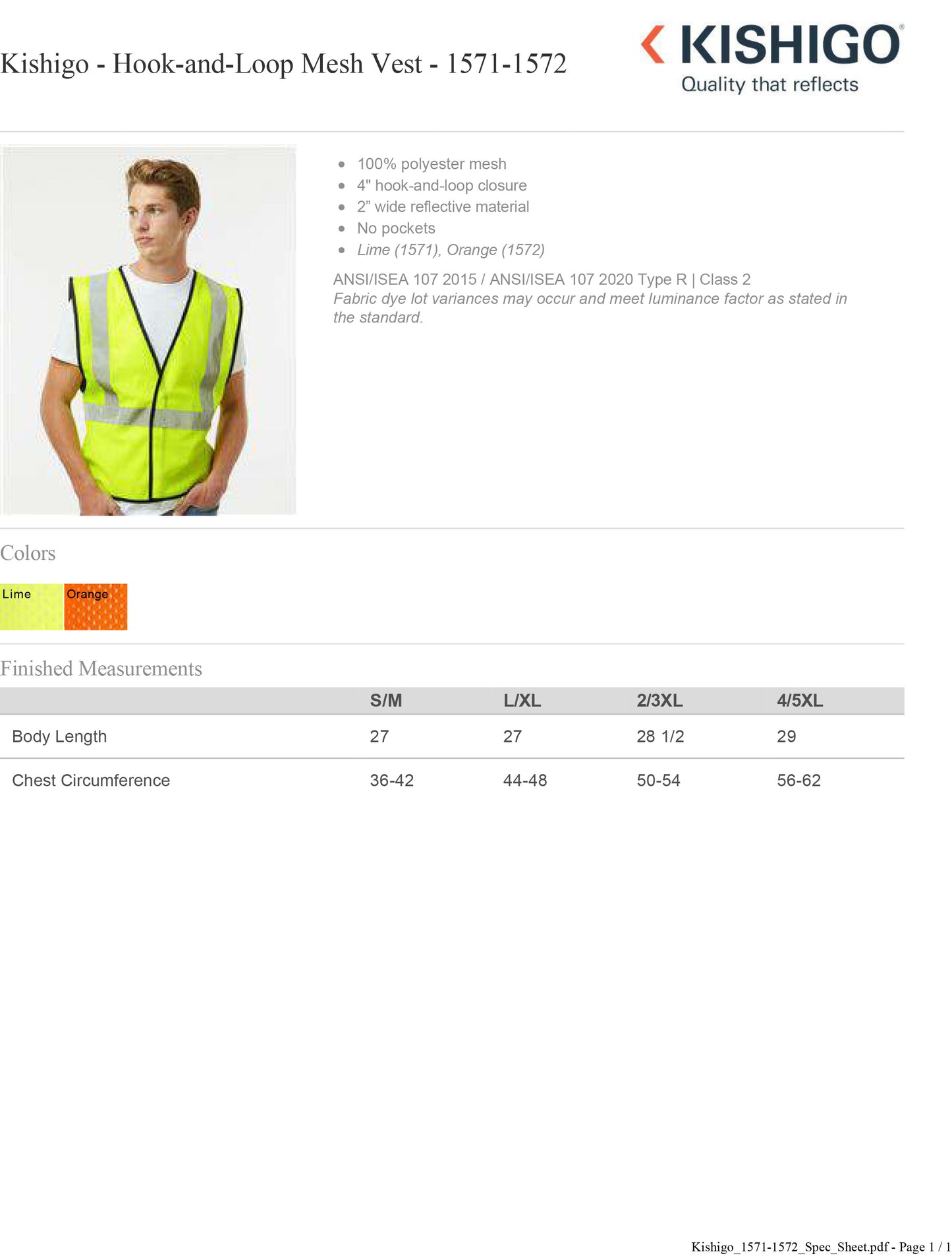 Kishigo - Hook-and-Loop Mesh Vest - 1571-1572 Custom w/ Solid or Reflective Print