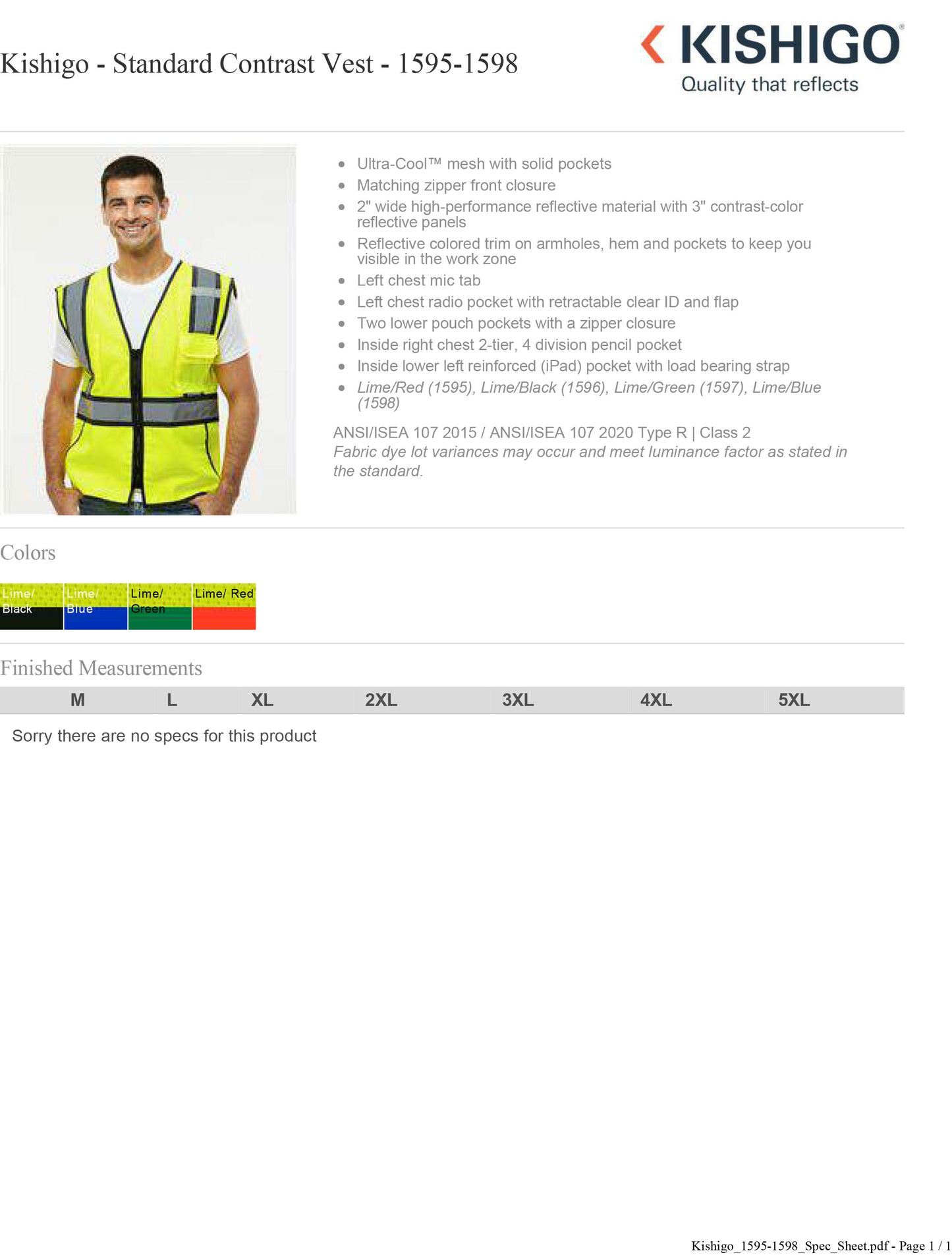 Kishigo - Standard Contrast Vest - 1595-1598 Custom w/ Regular or Reflective Print