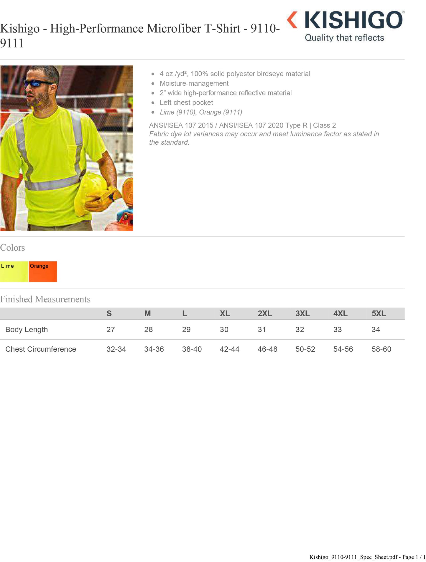 Kishigo - High-Performance Microfiber T-Shirt - 9110-9111 Custom w/ Solid or Reflective Print