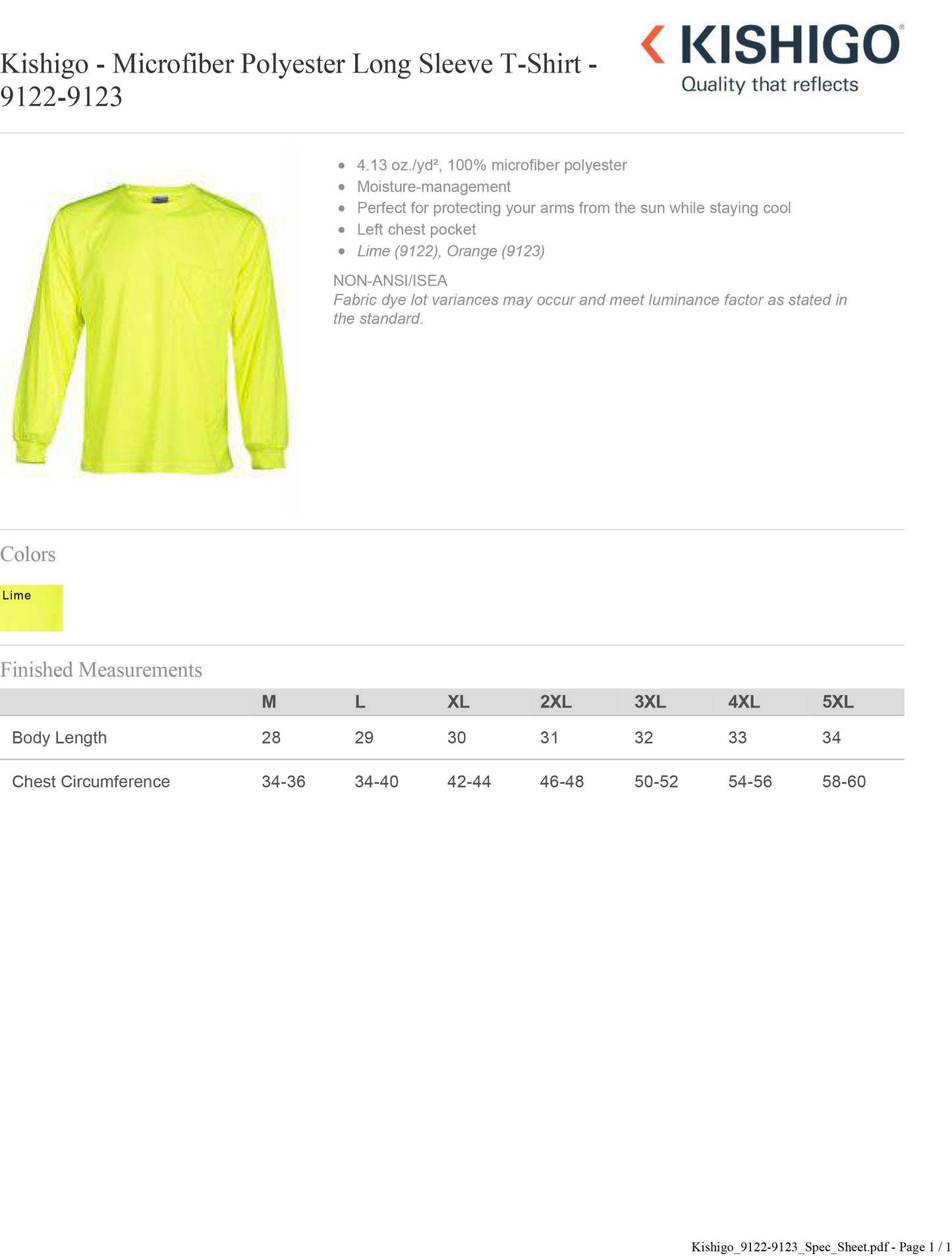 Kishigo - Microfiber Polyester Long Sleeve T-Shirt - 9122-9123 Custom w/ Solid or Reflective Print