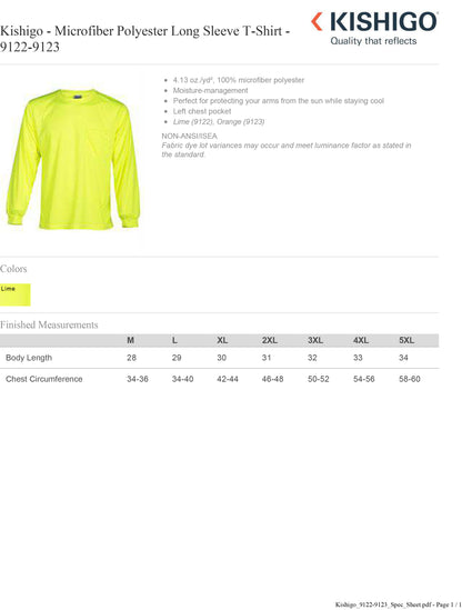 Kishigo - Microfiber Polyester Long Sleeve T-Shirt - 9122-9123 Custom w/ Solid or Reflective Print