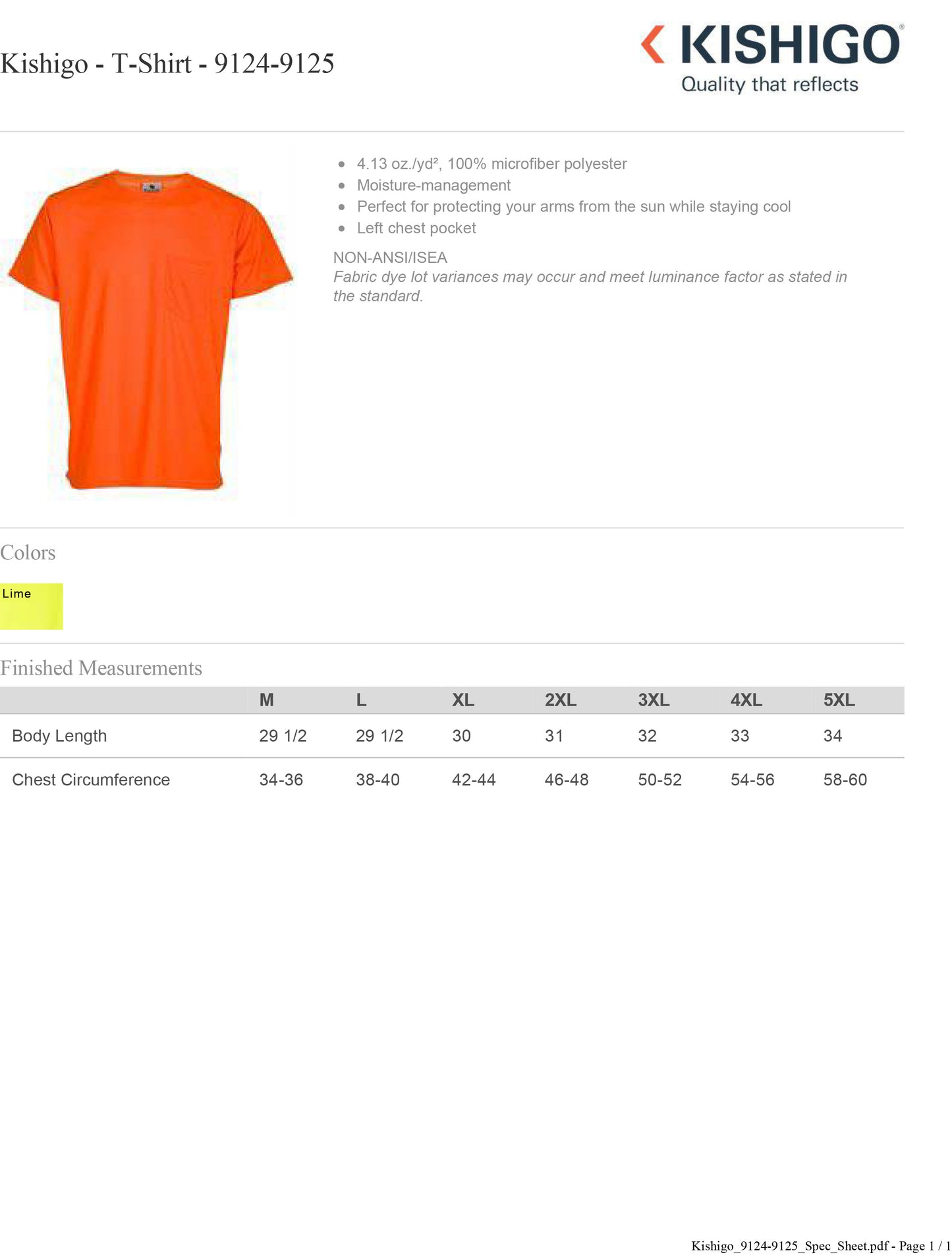Kishigo - T-Shirt - 9124-9125 Custom w/ Solid or Reflective Print
