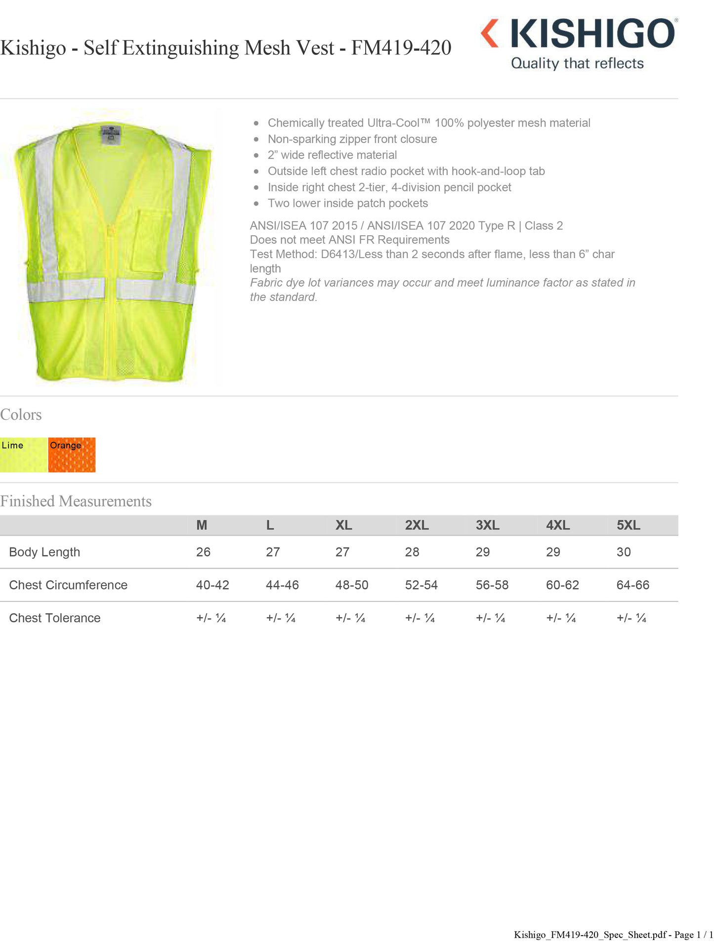 Kishigo Self Extinguishing Mesh Vest FM419-420 Custom w/ Regular or Reflective Print