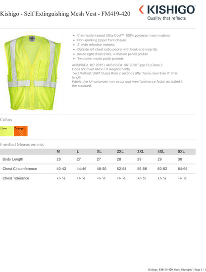 Kishigo Self Extinguishing Mesh Vest FM419-420 Custom w/ Regular or Reflective Print