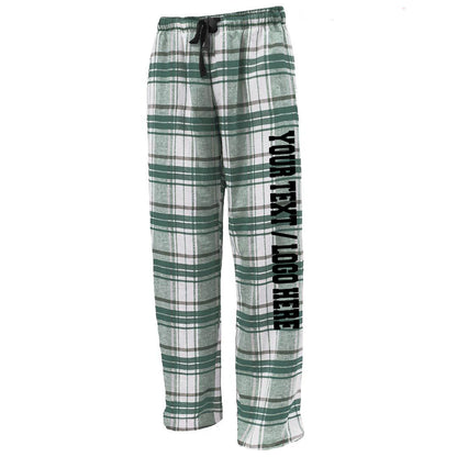 Pennant Adult and Youth Unisex Flannel Pants New White and Forest Flannel Pants with Custom Text