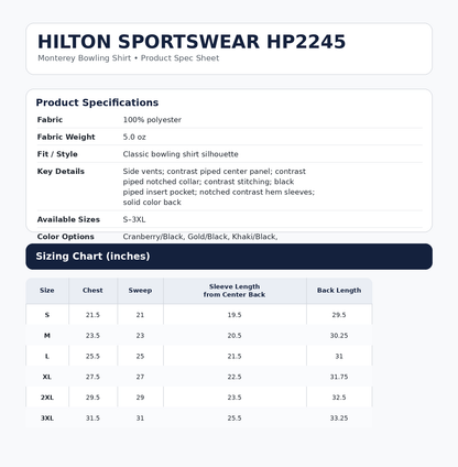 Hilton HP2245 Bowling Shirt Cranbery Custom Text or Design